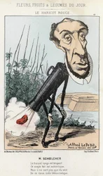 Le Bean rouge: caricature représentant dans le train de Pierre un haricot (pet) - ill. du 16/02/1871 par Alfred Le Petit, dans « Fleurs, Fruits et Légumes du Jour ».