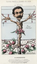 Le Pêcher: Caricature de Steenackers - ill. du 30/01/1871 dans "Fleurs, Fruits et Légumes du Jour"