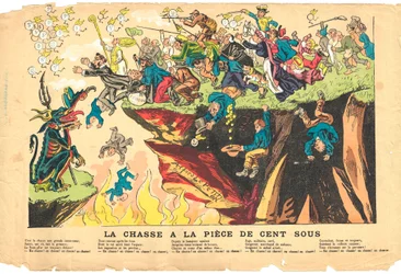 Feuille volante, satirique en couleurs, vers 1878 : Chasse à cent sous - Argent - Diable, Cures Illustration par Alfred Le Petit (1841-1909)
