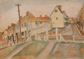 Scène de banlieue (aquarelle et crayon sur papier)