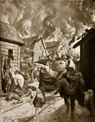 Canterbury brûlée par les Danois, 851 après J.-C., illustration de 