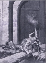 Delhi : Lieutenant Salkeld, ingénieurs du Bengale faisant sauter la porte du Cachemire, illustration de British Battles on Land and Sea, 1915