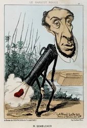 Le Bean rouge : caricature de Victor Schoelcher représenté dans le train de Pierre un haricot (pet) - ill. du 16/02/1871 dans « Fleurs, Fruits et Légumes du Jour »