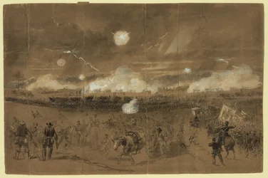 Corps de Couch formant une ligne de bataille dans les champs à Chancellorsville pour couvrir la retraite du onzième corps fuyant honteusement