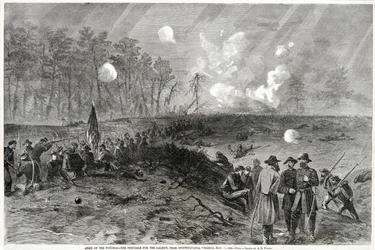 Armée du Potomac - La lutte pour le saillant, près de Spottsylvania, Virginie. 12 mai 1864, de Harpers Weekly, pub. 1864