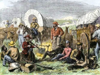 Histoire des colons de West Conquete : Pionniers américains. Camp de voyageurs au Tombeau de la Nuit près de Diligences, États-Unis. Gravure colorée du 19e siècle.