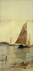 Sécher les voiles, bateaux à huîtres, Patchogue, Long Island