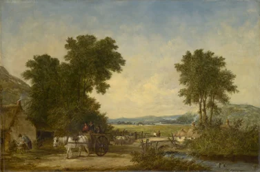 Paysage campagnard boisé avec figures dans une charrette, vers 1855