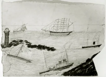 Trois voiliers, deux navires à vapeur et le phare de Godrevy, c.1935-38