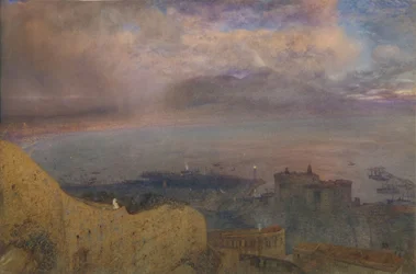 Vue de la baie de Naples avec le Vésuve fumant au loin, Soir