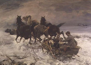Figures dans un traîneau tiré par des chevaux