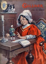 Gulliver chez les géants (Brobdingnag). Conte de Jonathan Swift (1667-1745). Illustration de Vaccari et Carrey dans la collection Les beaux contes Nos loisirs vers 1910. Collection privée