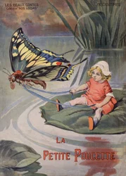 La Petite Poucette. Une toute petite fille assise sur un nénuphar tirée par un papillon. Conte de Hans Christian Andersen. Illustration de Vaccari et Carrey dans la collection 