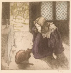 Intérieur, Petite Fille avec Chat