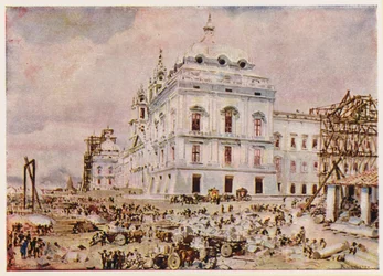 Construction du Palais-Convent de Mafra, Portugal (lithographie en couleur)