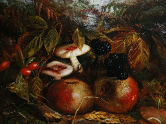 Nature morte avec champignons, pommes et mûres