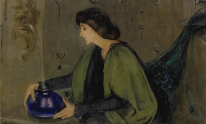 Femme et paon, vers 1900