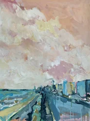Paysage urbain sous un ciel rose