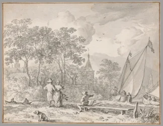 Paysage avec figures élégantes au bord d