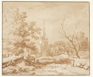 Paysage avec des arbres et une église