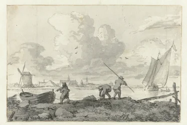 Pêcheurs avec leur barque sur la Spaarne près de Haarlem