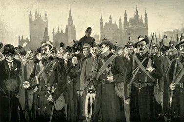 La réponse de Londres - Les volontaires impériaux de la ville traversant le pont de Westminster