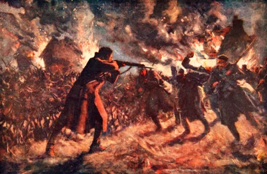 Le soldat Meston attaquant, seul, plusieurs ennemis qui avançaient, après avoir capturé une tranchée britannique