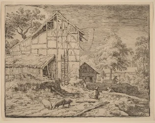 Chaumière avec deux échelles