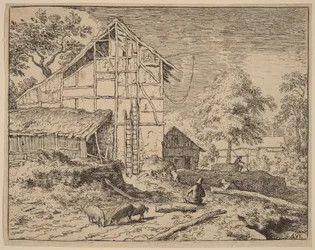 Chaumière avec deux échelles