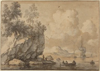 Personnages dans des barques à rames dans une crique rocheuse, voiliers au loin