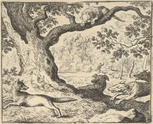Suivant la fausse histoire de Renard, son père est chassé par des chiens de chasse de Hendrick van..., 1650-75
