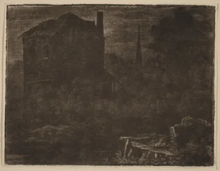 Paysage nocturne avec maison et flèche d