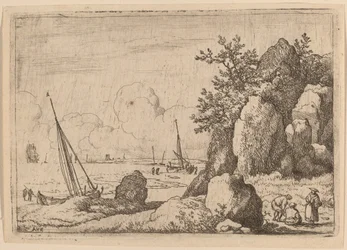Paysage marin avec trois figures à droite