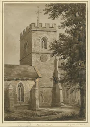 Église de Harborne : dessin à la sépia rouge, 2 juillet 1842