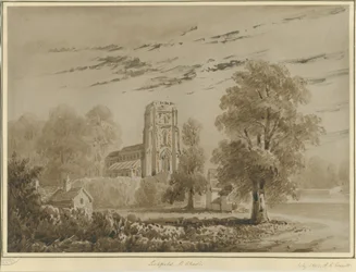 Lichfield - Église Saint-Chad : dessin sépia rouge, juillet 1842