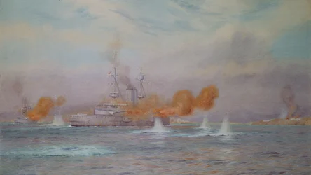H.M.S. Albion commandé par le capitaine A. Walker-Heneage achevant la destruction des forts extérieurs des Dardanelles en 1915, 1925