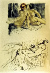 Illustration de "Femmes damnées" dans "Les fleurs du mal" par le poète français Charles Baudelaire (1821-1867). Eau-forte de Almery Lobel-Riche (Lobel Riche) (1880-1950). 20e siècle