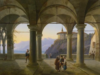 Terrasse à colonnes avec figures et vue sur un lac de montagne