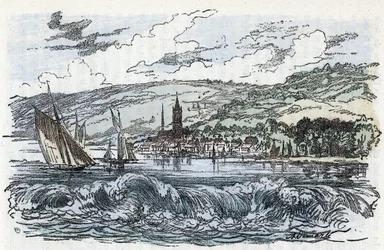Vue du mascaret de la Seine à Caudebec-en-Caux (Caudebec en Caux) en Seine-Maritime, Normandie. Gravure tirée de « La Nature et l