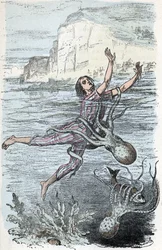 Planche zoologique : nageur saisi par une pieuvre. Gravure de « L