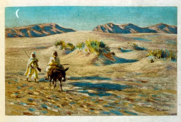 Illustration de Dinet tirée de "Mirages" Scènes de la vie arabe. 1906. Mirages, Scènes de la vie arabe a été illustré par Etienne Dinet et commenté par Silman Ben Ibrahim Bamer. Nasreddine Dinet est né sous le nom d
