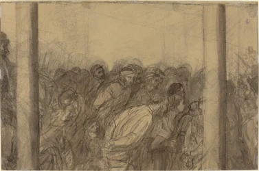Foule de personnes vue entre deux colonnes [verso]
