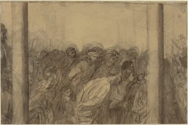 Foule de personnes vue entre deux colonnes [verso]