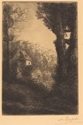 Ferme sur un coteau au soleil (La ferme du coteau ; Effet de soleil sur le coteau)