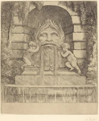 Une fontaine : Masque, enfants et bassin
