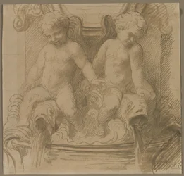 Fontaine avec putti chevauchant des dauphins