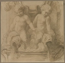 Fontaine avec putti chevauchant des dauphins, seconde moitié des années 1800