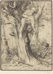 Paysage avec un garçon grimpé sur un arbre (Le dénicheur d