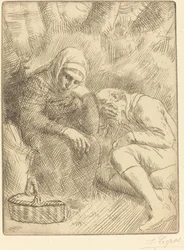Homme et femme assis au bord de la route avec un panier