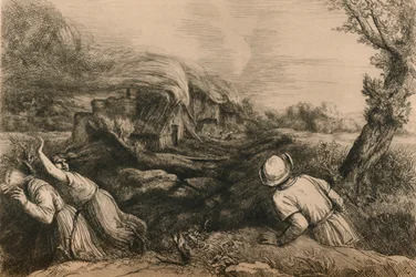 Le village en flammes, vers 1880
